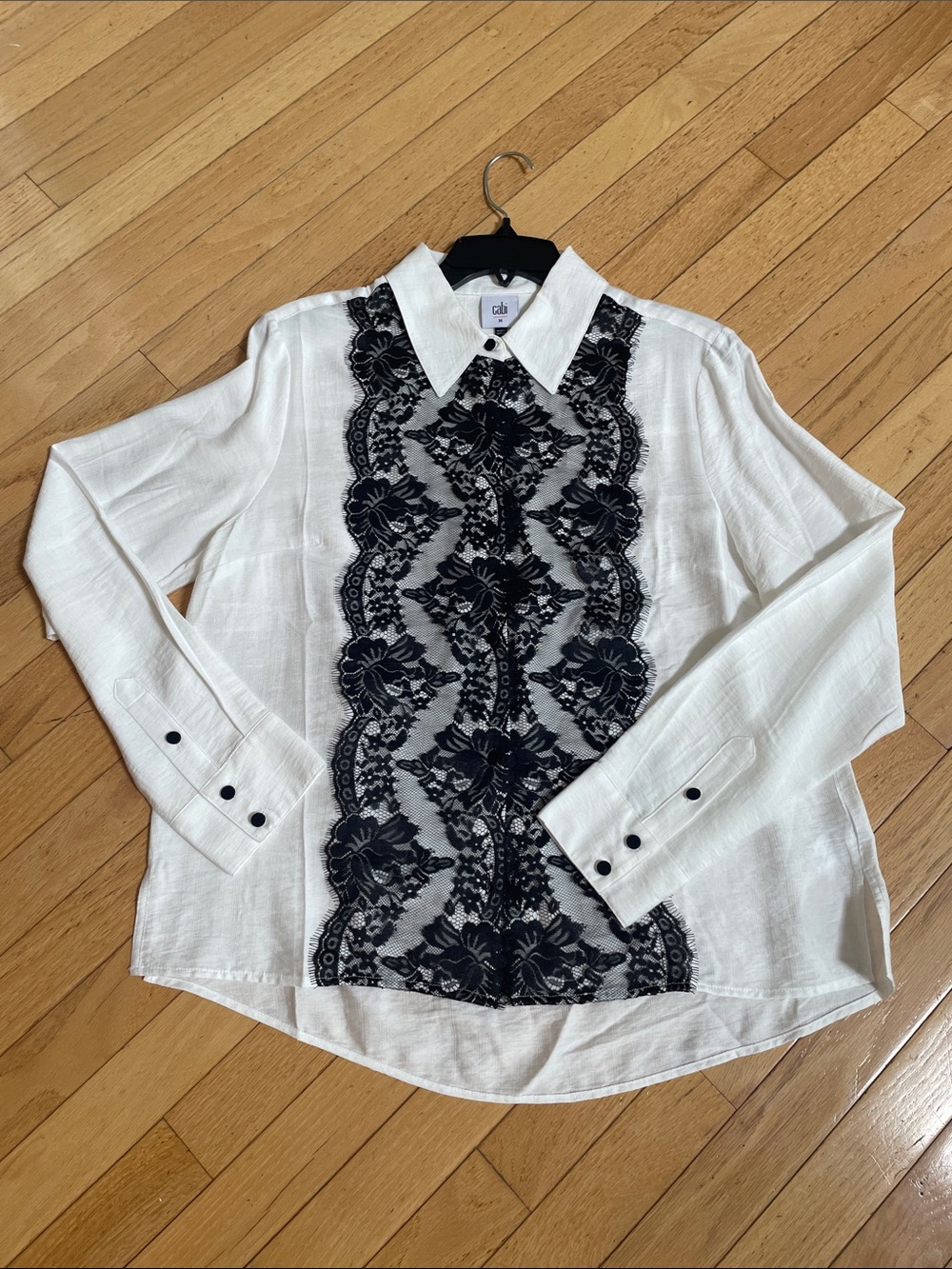 CAbi White Button-Down Shirt with Black Lace Front